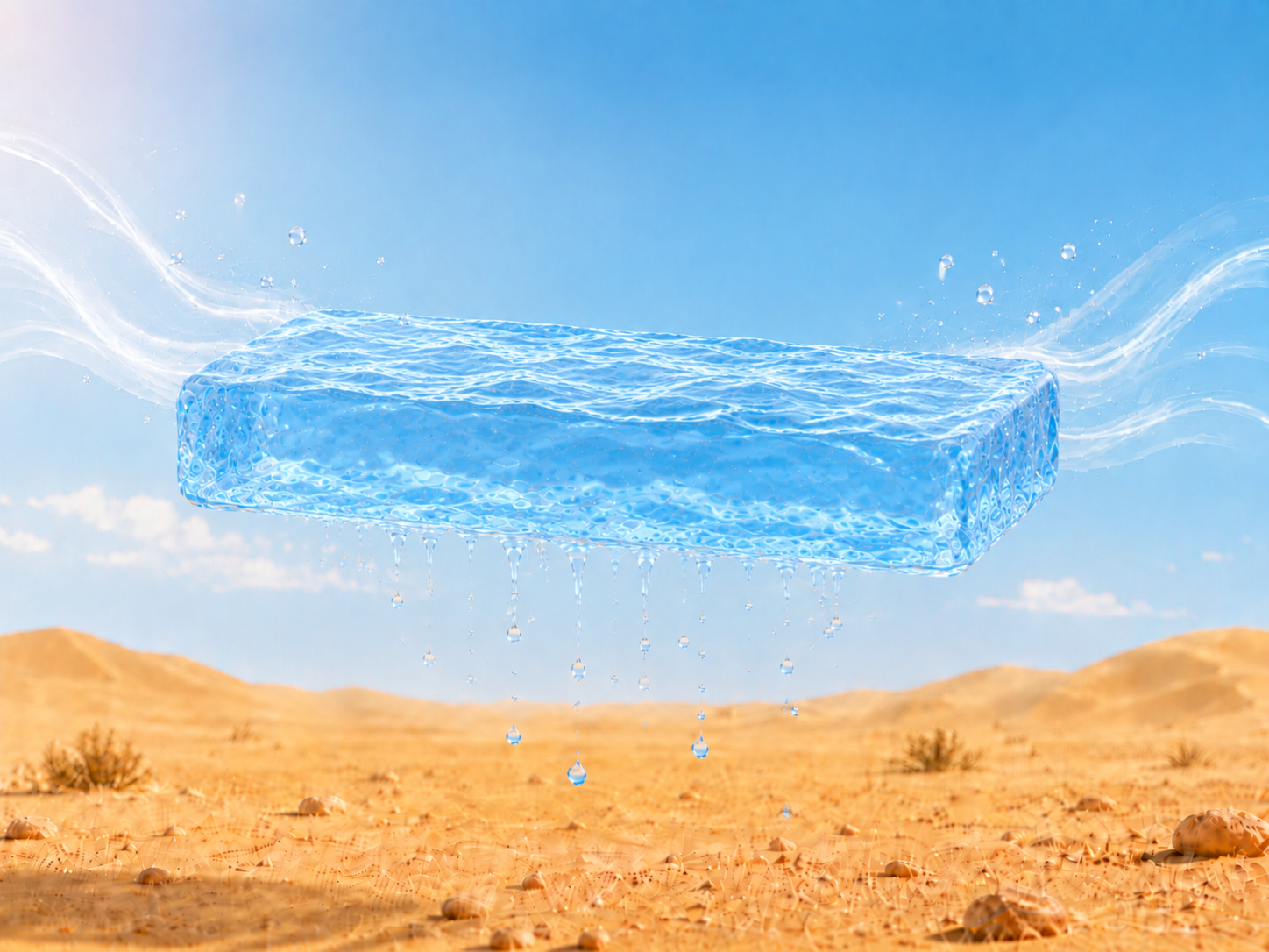 Hydrogel atmospheric water harvesting material collecting water in a desert environment