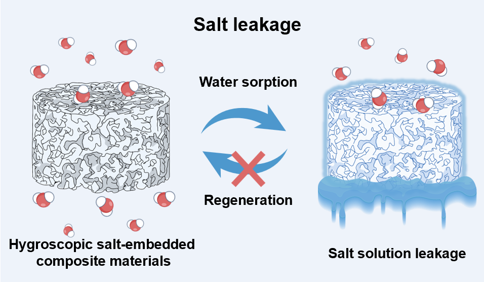Salt leakage limits regeneration of hygroscopic salt-embedded composite materials